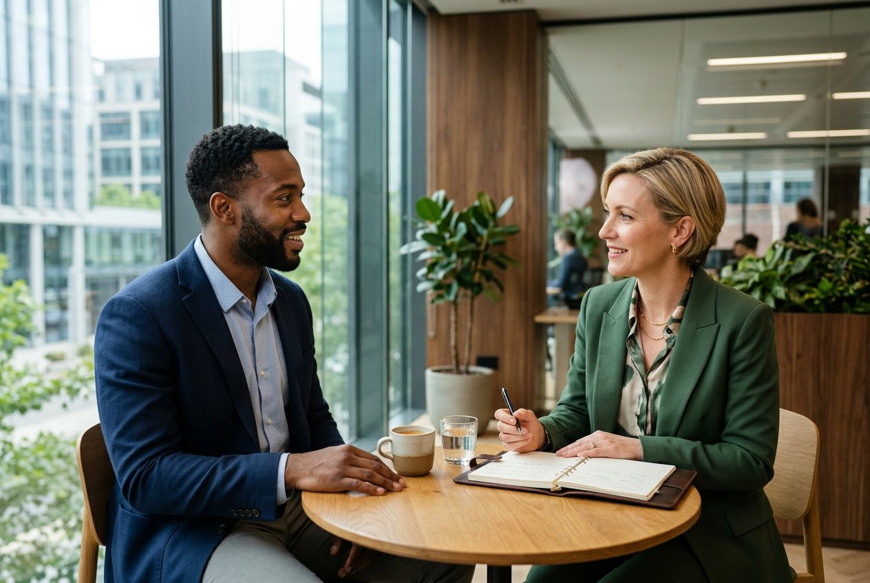 Illustrative scene of a candidate and career consultant discussing next steps in a bright office